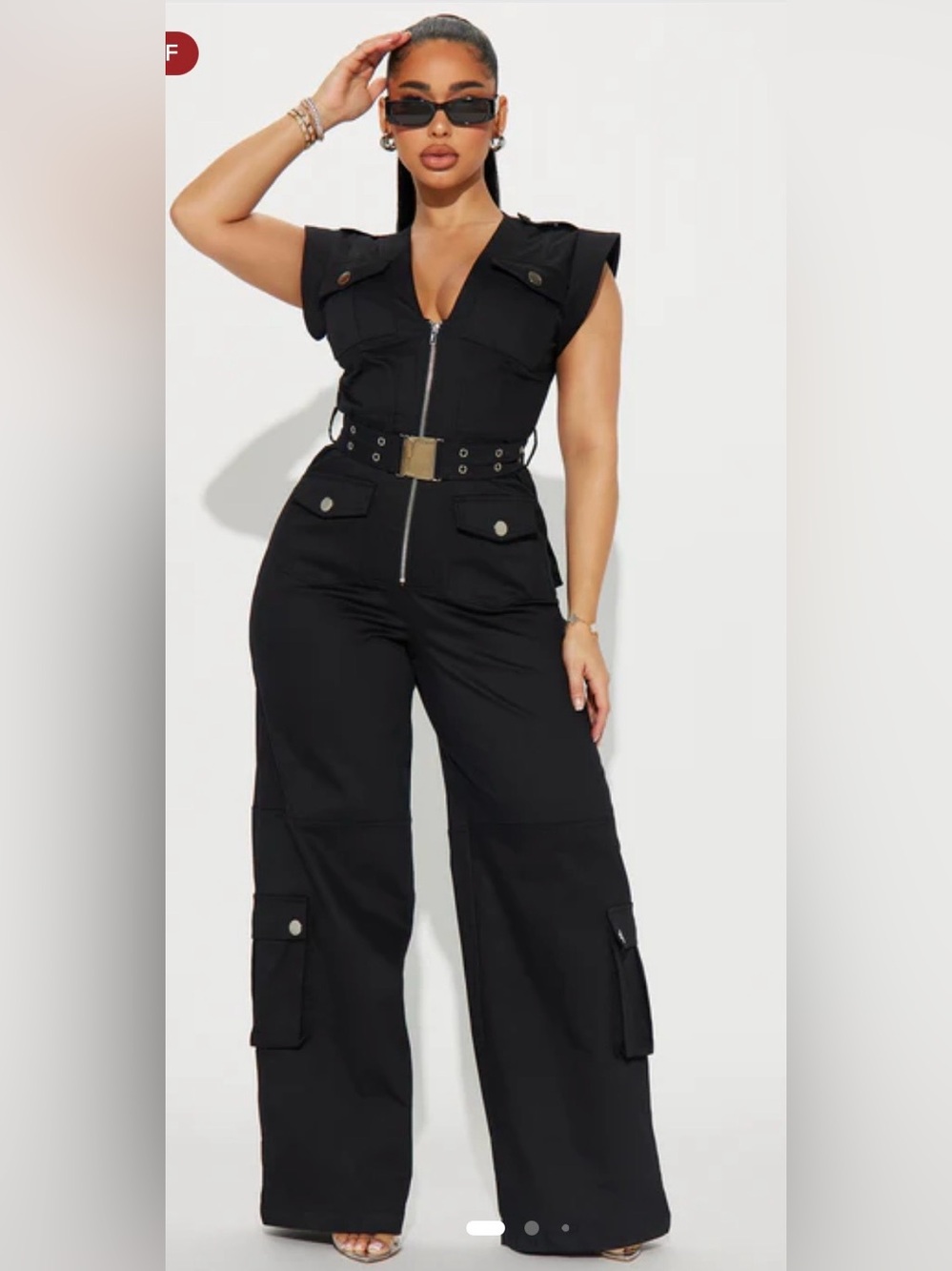 Fashion Nova Black Utility Zip-Front Wide-Leg Jumpsuit